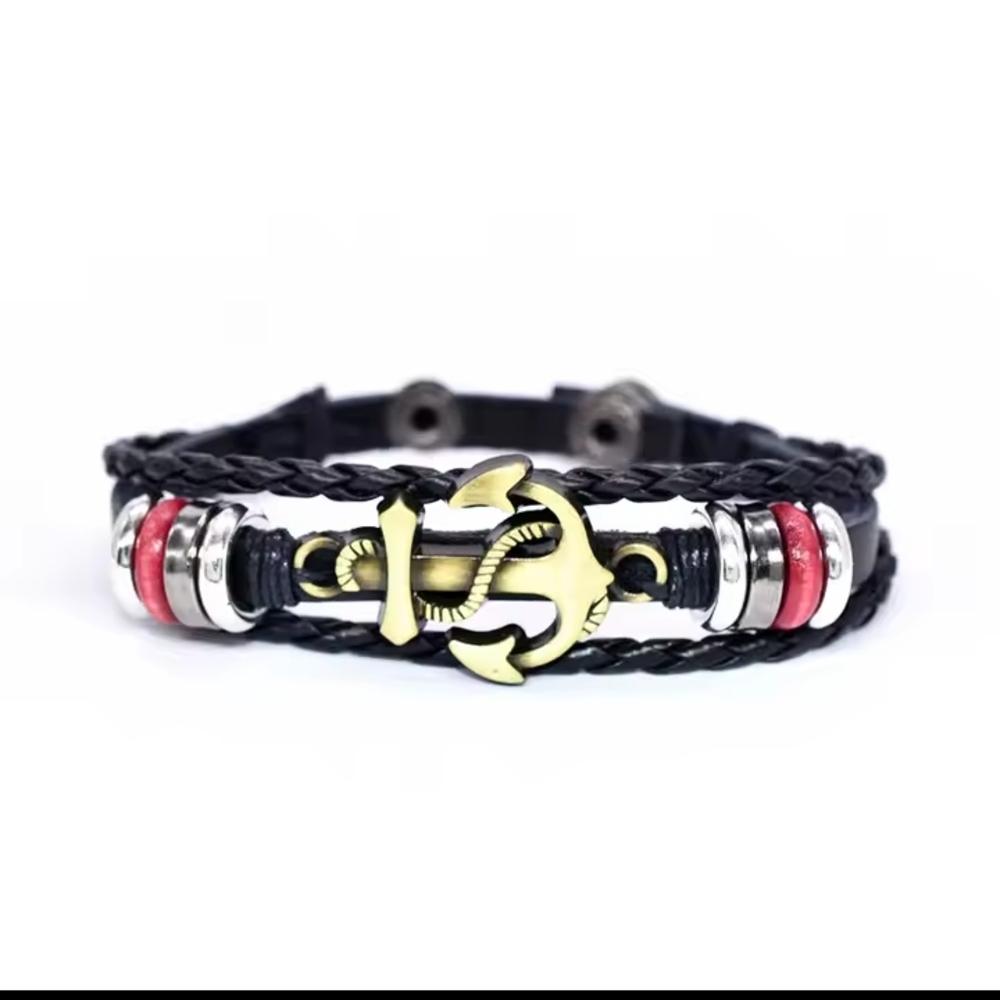 Men's Leather Bracelet Anchor Braided Layered NEW‎ f19